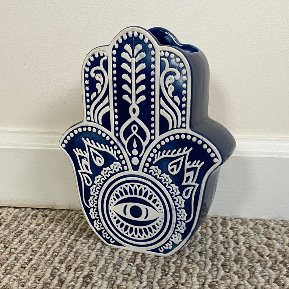 Blue Hamsa Ceramic Vase with Eye Motif 7”